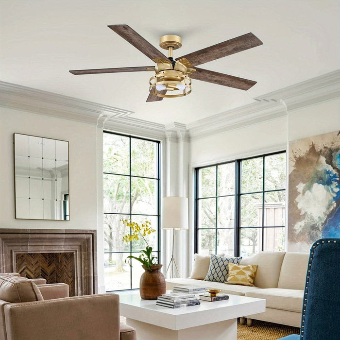 52 in. Industrial Downrod Mount Ceiling Fan with Light and Remote Control, Gold Reversible Ceiling Fan with Light-ErisView