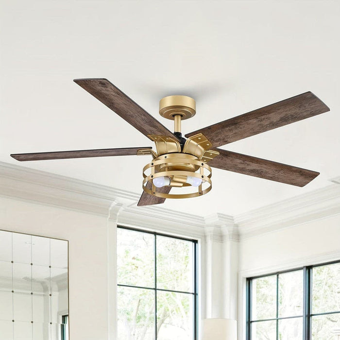 52 in. Industrial Downrod Mount Ceiling Fan with Light and Remote Control, Gold Reversible Ceiling Fan with Light-ErisView