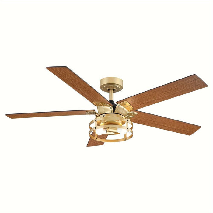 52 in. Industrial Downrod Mount Ceiling Fan with Light and Remote Control, Gold Reversible Ceiling Fan with Light-ErisView