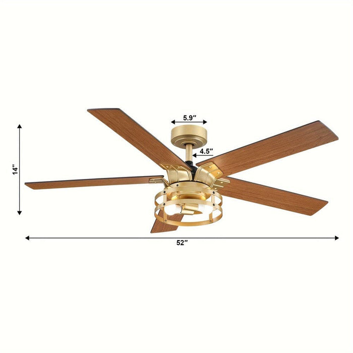52 in. Industrial Downrod Mount Ceiling Fan with Light and Remote Control, Gold Reversible Ceiling Fan with Light-ErisView