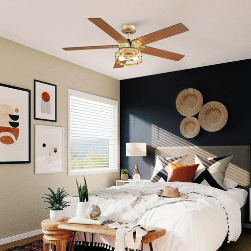 52 in. Industrial Downrod Mount Ceiling Fan with Light and Remote Control, Gold Reversible Ceiling Fan with Light-ErisView