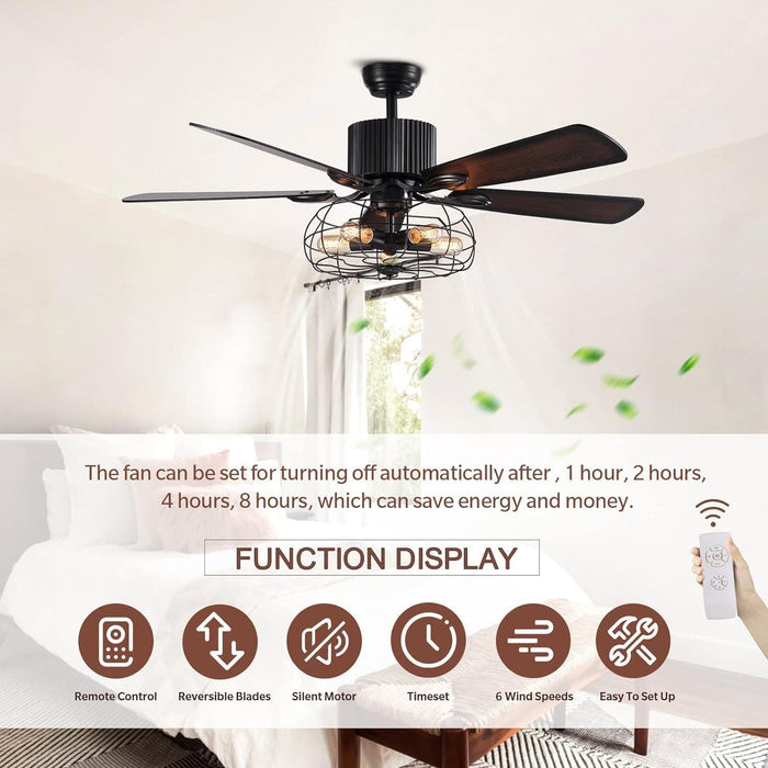 52 in. Industrial Farmhouse Vintage Retro Caged Ceiling Fan with Light and Remote, Indoor Black Ceiling Fandelier for Bedroom Living Room-2-ErisView