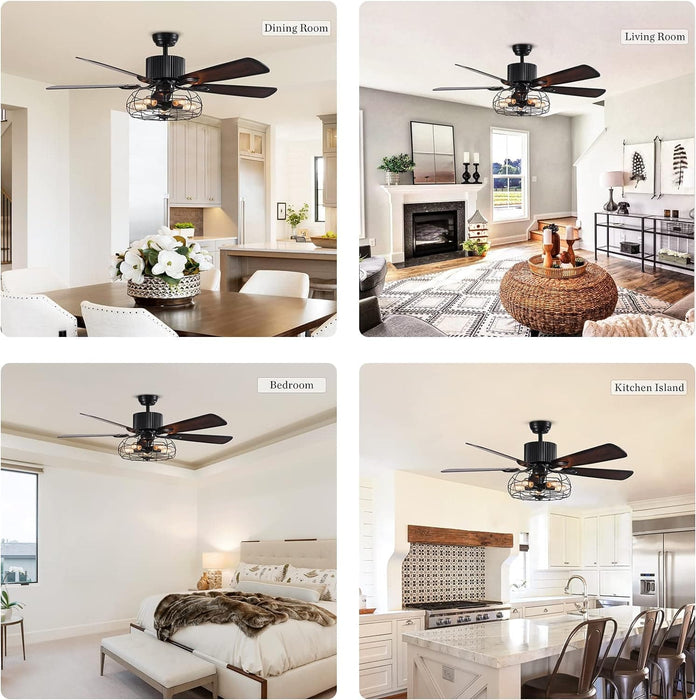 52 in. Industrial Farmhouse Vintage Retro Caged Ceiling Fan with Light and Remote, Indoor Black Ceiling Fandelier for Bedroom Living Room-4-ErisView