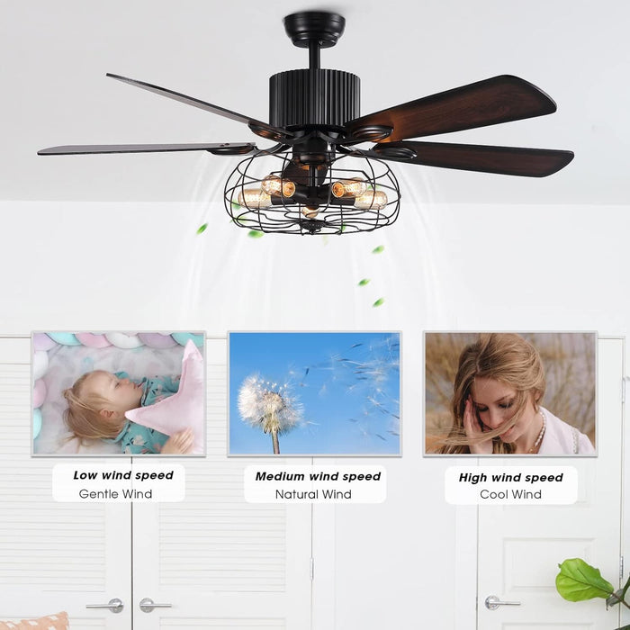 52 in. Industrial Farmhouse Vintage Retro Caged Ceiling Fan with Light and Remote, Indoor Black Ceiling Fandelier for Bedroom Living Room-7-ErisView