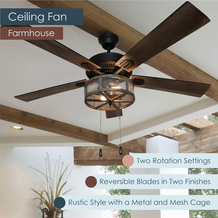 52 in. LED Brown Caged Elegant Ceiling Fans, Modern Farmhouse Rustic Ceiling Fans with Lights, Industrial Ceiling Fans, Metal Blade Fan-3-ErisView