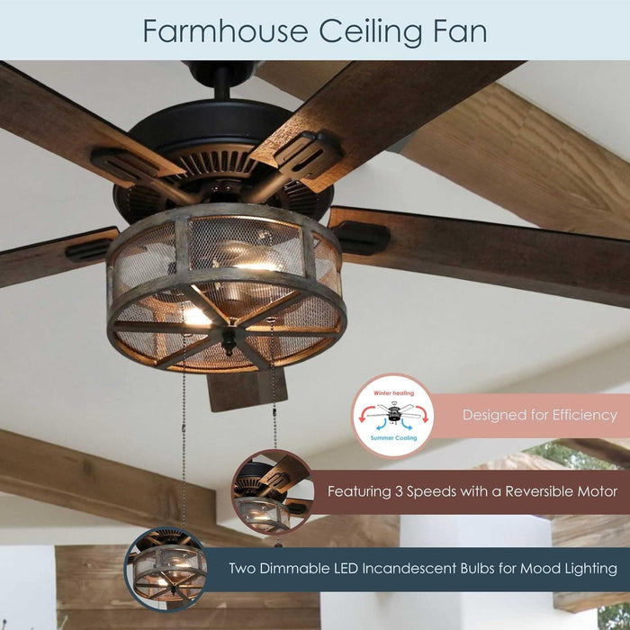 52 in. LED Brown Caged Elegant Ceiling Fans, Modern Farmhouse Rustic Ceiling Fans with Lights, Industrial Ceiling Fans, Metal Blade Fan-4-ErisView