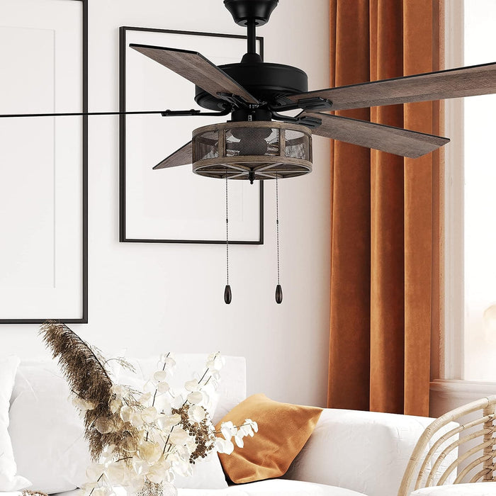 52 in. LED Brown Caged Elegant Ceiling Fans, Modern Farmhouse Rustic Ceiling Fans with Lights, Industrial Ceiling Fans, Metal Blade Fan-7-ErisView