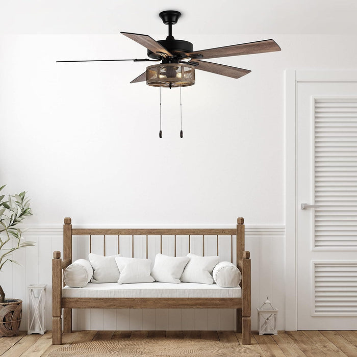 52 in. LED Brown Caged Elegant Ceiling Fans, Modern Farmhouse Rustic Ceiling Fans with Lights, Industrial Ceiling Fans, Metal Blade Fan-8-ErisView