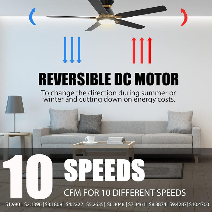 52 in. Low Ceiling Fan and Light, Reversible Smart Ceiling Fan with Remote, Work with Alexa, Siri Google Home, Dimmable Black and Gold Ceiling Fan-5-ErisView