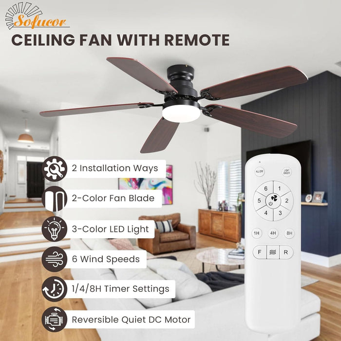52 in. Low Profile Ceiling Fan with Light and Remote, Quiet Ceiling Fans with Lights for Bedroom Living Room Patio-7-ErisView