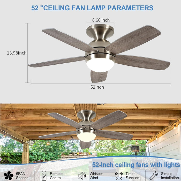 52 in. Low Profile Ceiling Fan with Remote, Flush Mount Ceiling Fan and Light, Reversible Dimmable Wood Ceiling Fan for Bedroom Living Room Dining Room-3-ErisView