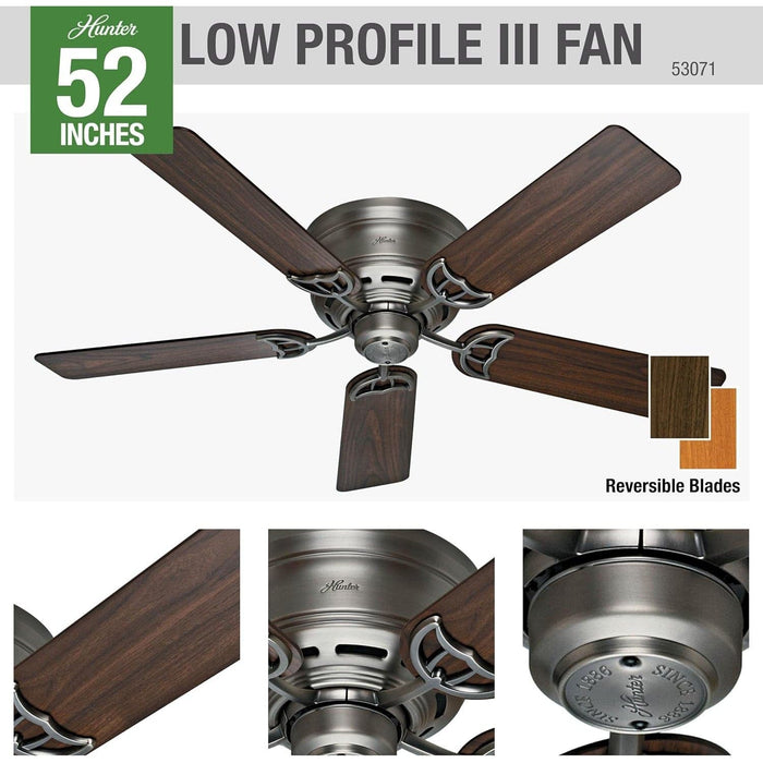 52 in. Low Profile Indoor Antique Traditional Ceiling Fans without Lights, Ceiling Fan with Reversible Blades Pull Chains Whisper Wind Motor-2-ErisView