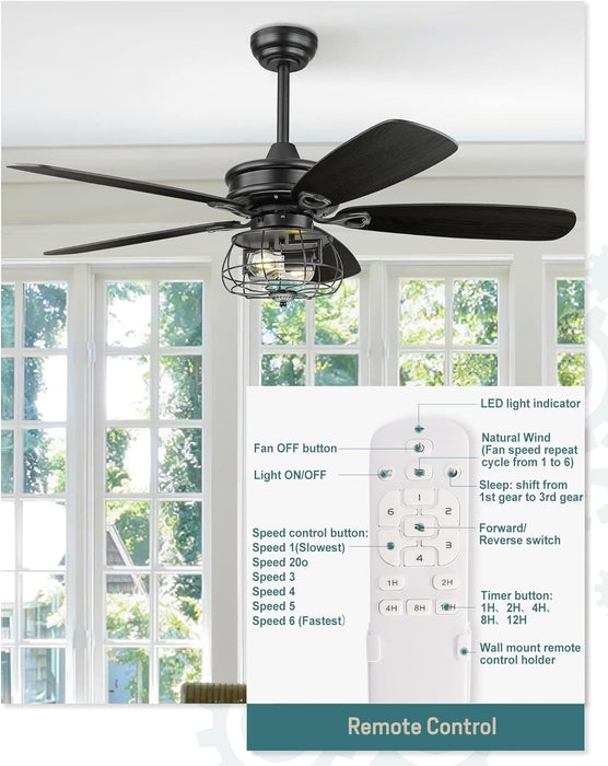 52 in. Matte Black Caged Farmhouse Ceiling Fan with Lights and Remote Control, Rustic Ceiling Fans, Industrial Ceiling Fans-2-ErisView