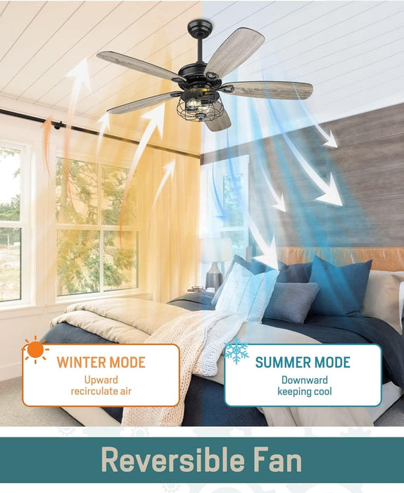 52 in. Matte Black Caged Farmhouse Ceiling Fan with Lights and Remote Control, Rustic Ceiling Fans, Industrial Ceiling Fans-3-ErisView