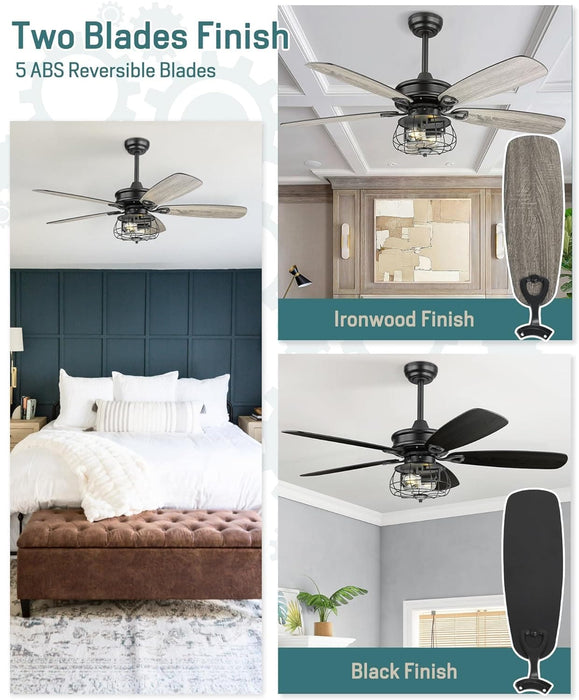 52 in. Matte Black Caged Farmhouse Ceiling Fan with Lights and Remote Control, Rustic Ceiling Fans, Industrial Ceiling Fans-4-ErisView