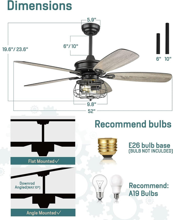 52 in. Matte Black Caged Farmhouse Ceiling Fan with Lights and Remote Control, Rustic Ceiling Fans, Industrial Ceiling Fans-5-ErisView