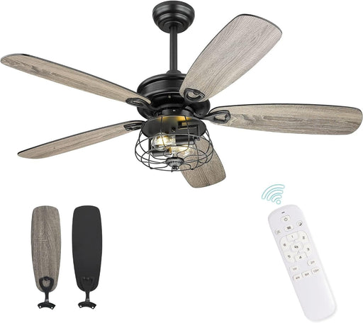 52 in. Matte Black Caged Farmhouse Ceiling Fan with Lights and Remote Control, Rustic Ceiling Fans, Industrial Ceiling Fans-1-ErisView