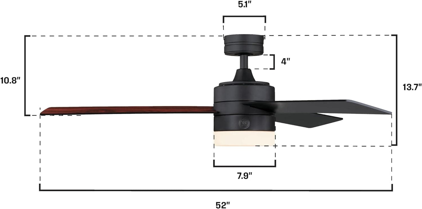 52 in. Matte Black Ceiling Fan with Frosted Glass, Modern Ceiling Fan and Light Remote Control-3-ErisView