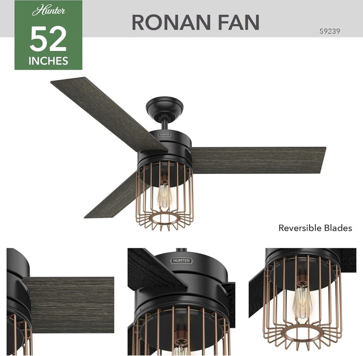 52 in. Matte Black Ceiling Fan with LED Light Kit and Handheld Remote, Ceiling Hugger Ceiling Fans-2-ErisView
