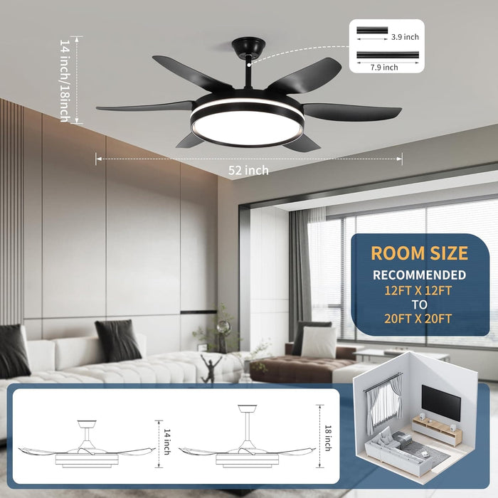 52 in. Matte Black Ceiling Fan with Light and Remote, Flush Mount Reversible Dimmable, Noiseless Ceiling Fan for Living Room Fan-3-ErisView