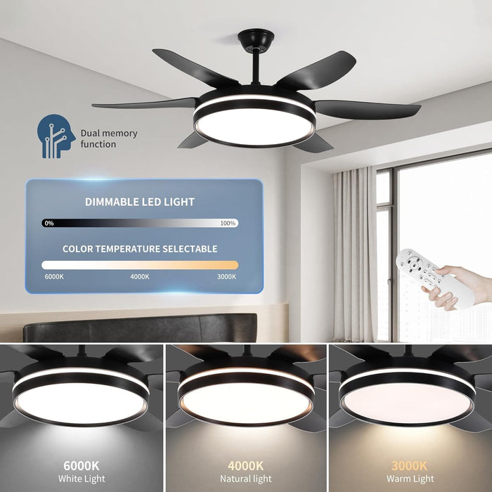 52 in. Matte Black Ceiling Fan with Light and Remote, Flush Mount Reversible Dimmable, Noiseless Ceiling Fan for Living Room Fan-5-ErisView