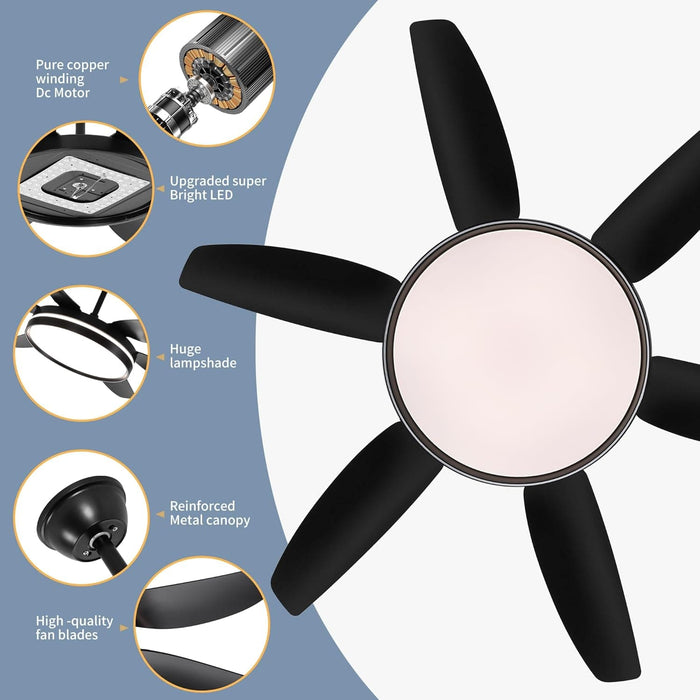 52 in. Matte Black Ceiling Fan with Light and Remote, Flush Mount Reversible Dimmable, Noiseless Ceiling Fan for Living Room Fan-6-ErisView