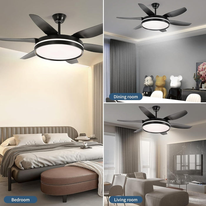 52 in. Matte Black Ceiling Fan with Light and Remote, Flush Mount Reversible Dimmable, Noiseless Ceiling Fan for Living Room Fan-7-ErisView