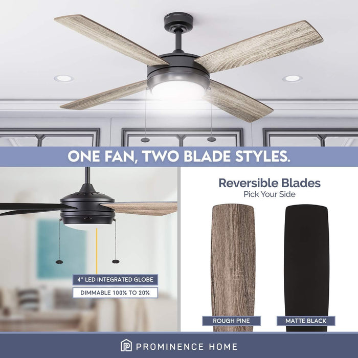 52 in. Matte Black Contemporary Ceiling Fan with Light Pull Chain, LED Reversible Ceiling Fan Winter Summer-2-ErisView