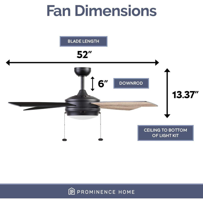 52 in. Matte Black Contemporary Ceiling Fan with Light Pull Chain, LED Reversible Ceiling Fan Winter Summer-5-ErisView