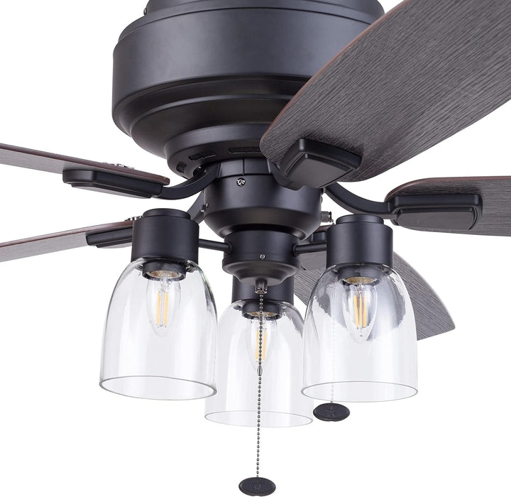 52 in. Matte Black Farmhouse Flush Mount LED Ceiling Fan with Light and Pull Chain, Reversible Ceiling Fan Winter Summer-11-ErisView