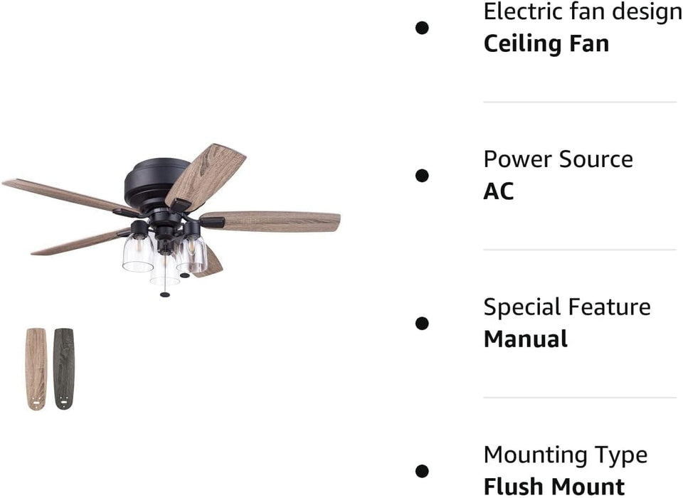 52 in. Matte Black Farmhouse Flush Mount LED Ceiling Fan with Light and Pull Chain, Reversible Ceiling Fan Winter Summer-12-ErisView