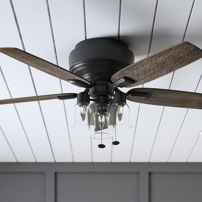 52 in. Matte Black Farmhouse Flush Mount LED Ceiling Fan with Light and Pull Chain, Reversible Ceiling Fan Winter Summer-3-ErisView