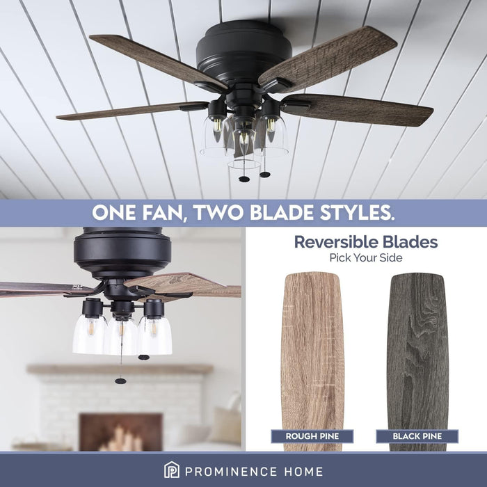 52 in. Matte Black Farmhouse Flush Mount LED Ceiling Fan with Light and Pull Chain, Reversible Ceiling Fan Winter Summer-4-ErisView
