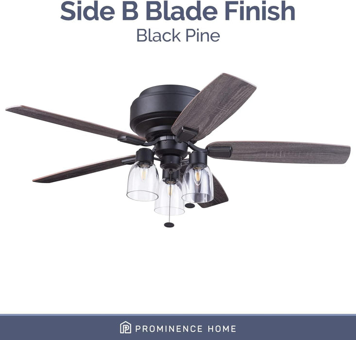 52 in. Matte Black Farmhouse Flush Mount LED Ceiling Fan with Light and Pull Chain, Reversible Ceiling Fan Winter Summer-6-ErisView