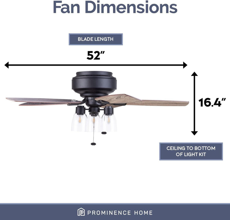52 in. Matte Black Farmhouse Flush Mount LED Ceiling Fan with Light and Pull Chain, Reversible Ceiling Fan Winter Summer-7-ErisView