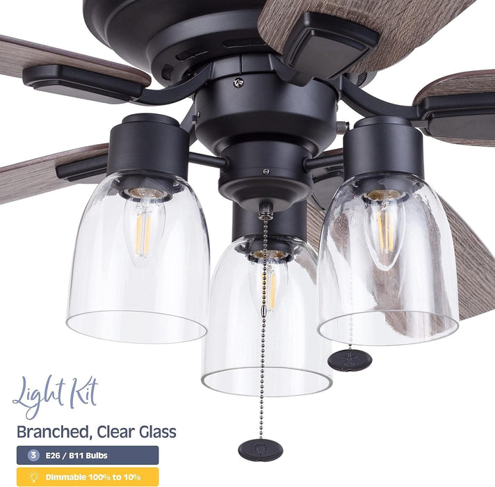 52 in. Matte Black Farmhouse Flush Mount LED Ceiling Fan with Light and Pull Chain, Reversible Ceiling Fan Winter Summer-8-ErisView