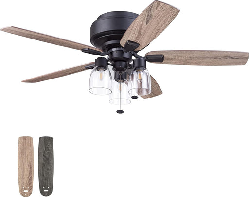 52 in. Matte Black Farmhouse Flush Mount LED Ceiling Fan with Light and Pull Chain, Reversible Ceiling Fan Winter Summer-1-ErisView