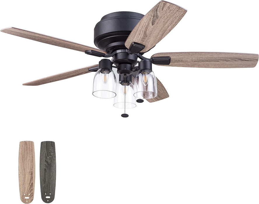 52 in. Matte Black Farmhouse Flush Mount LED Ceiling Fan with Light and Pull Chain, Reversible Ceiling Fan Winter Summer-1-ErisView