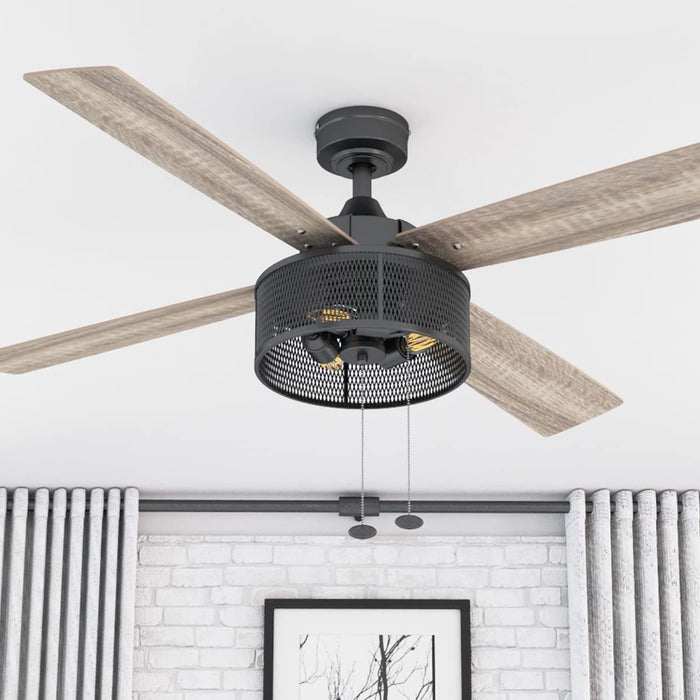 52 in. Matte Black Industrial Ceiling Fans, LED Ceiling Fan with Light Pull Chain, Reversible Ceiling Fan Winter Summer-2-ErisView