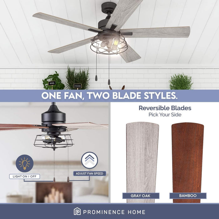 52 in. Matte Black Industrial Ceiling Fans with Light Pull Chain, LED Ceiling Fan and Light, Reversible Fan in Winter Summer-2-ErisView