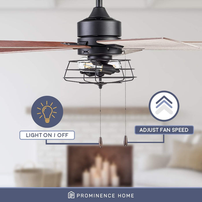 52 in. Matte Black Industrial Ceiling Fans with Light Pull Chain, LED Ceiling Fan and Light, Reversible Fan in Winter Summer-3-ErisView