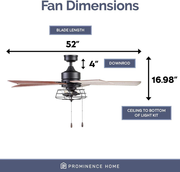 52 in. Matte Black Industrial Ceiling Fans with Light Pull Chain, LED Ceiling Fan and Light, Reversible Fan in Winter Summer-6-ErisView