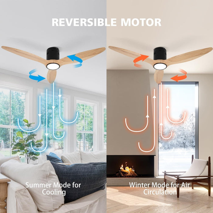 52 in. Matte Black Low Profile Ceiling Fan for Living Room Bedroom Office, Wood Flush Mount Ceiling Fan with Light-2-ErisView
