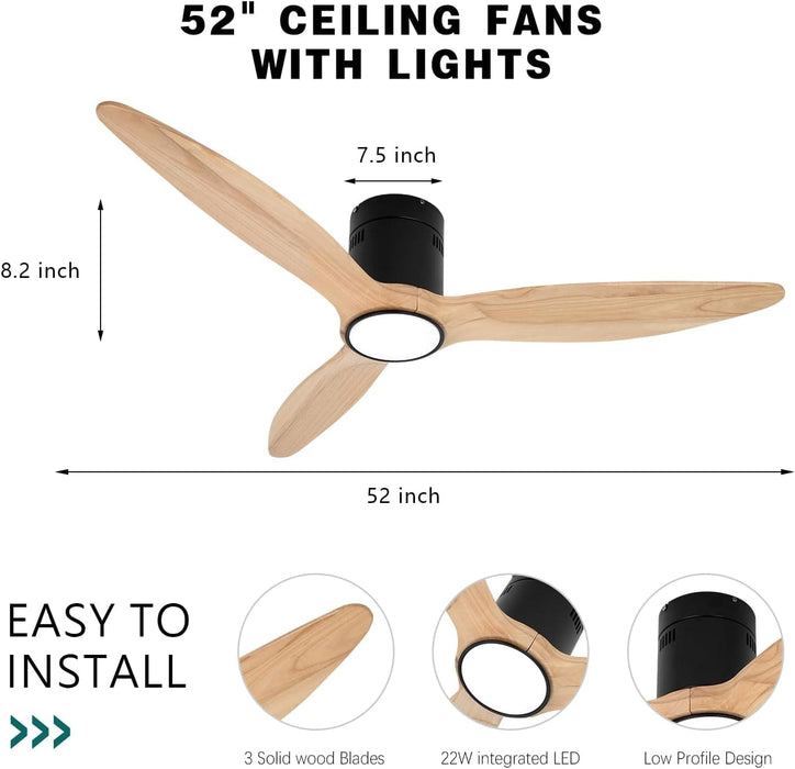 52 in. Matte Black Low Profile Ceiling Fan for Living Room Bedroom Office, Wood Flush Mount Ceiling Fan with Light-4-ErisView