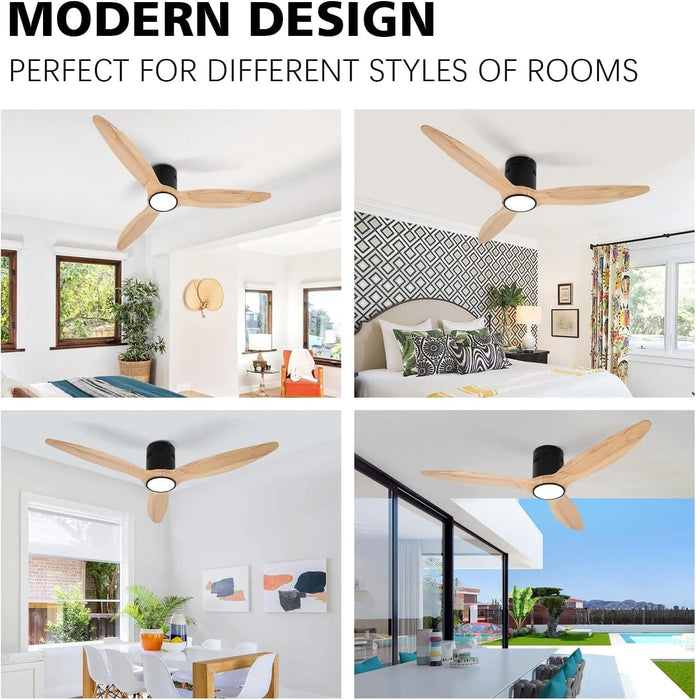 52 in. Matte Black Low Profile Ceiling Fan for Living Room Bedroom Office, Wood Flush Mount Ceiling Fan with Light-9-ErisView