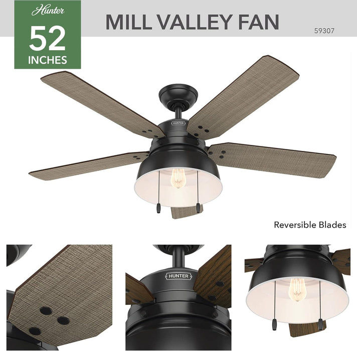 52 in. Matte Black Outdoor Fan, Indoor Ceiling Fans with LED Light Kit and Pull Chain, Hugger Ceiling Fans-3-ErisView
