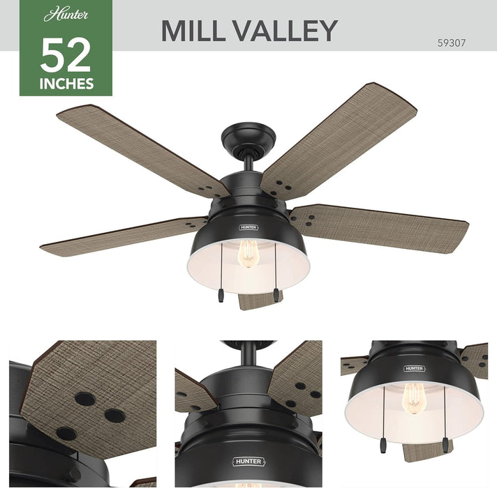 52 in. Matte Black Outdoor Fan, Indoor Ceiling Fans with LED Light Kit and Pull Chain, Hugger Ceiling Fans-4-ErisView