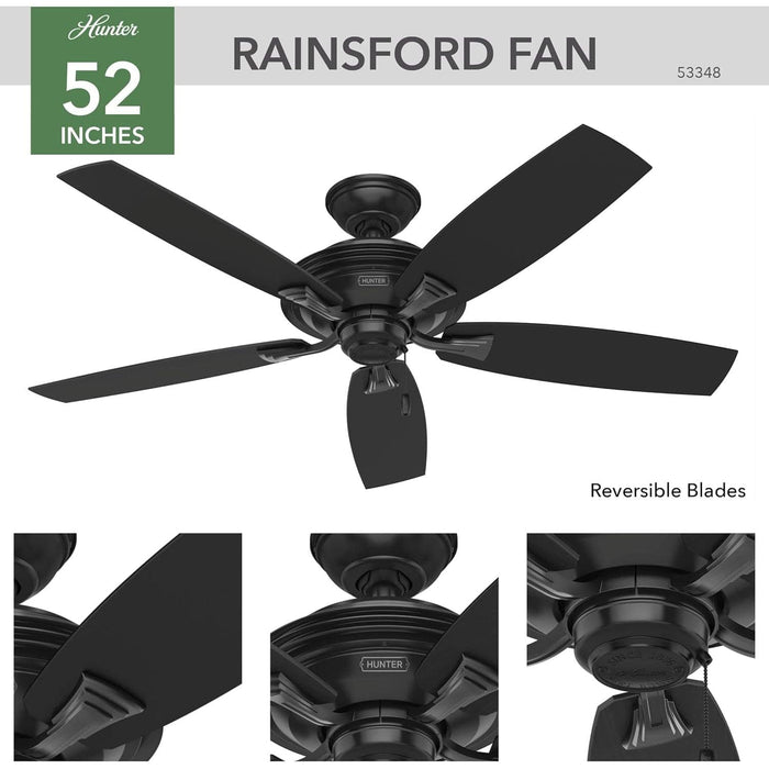 52 in. Matte Black Outdoor Fan, Indoor Outdoor Ceiling Fans with Pull Chain, Hugger Ceiling Fans-2-ErisView