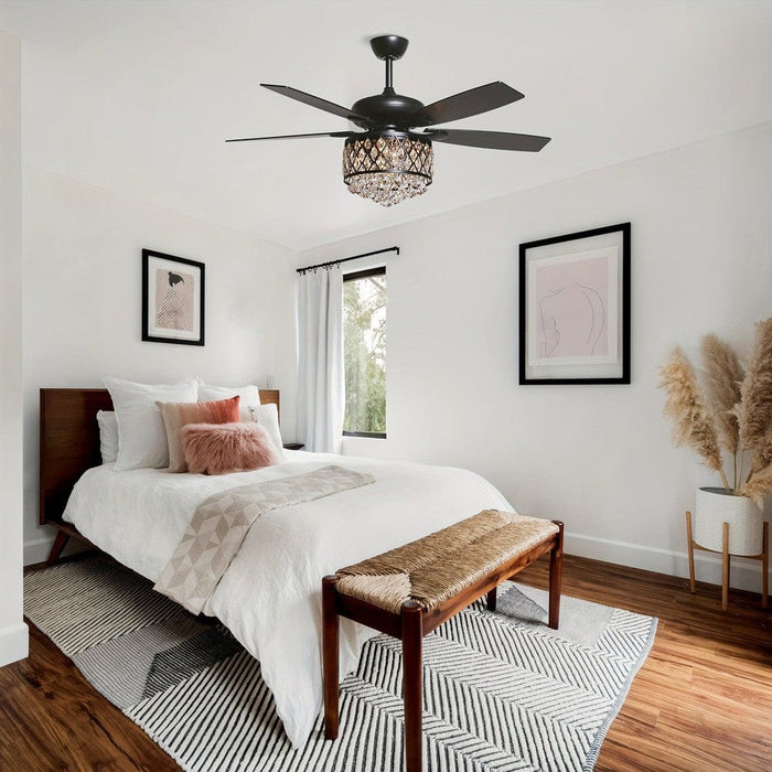 52 in. Modern Black Ceiling Fan with Remote, 5-Blade Ceiling Fan with Crystal Cage-ErisView