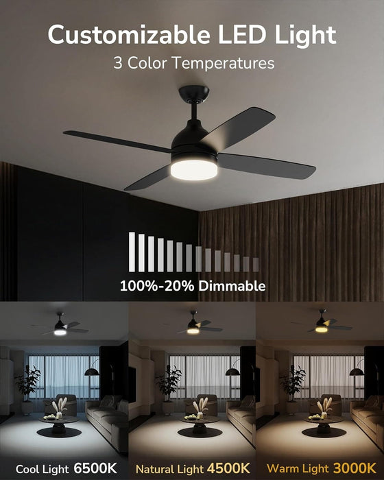52 in. Modern Black Indoor Outdoor Ceiling Fan with Light and Remote for Patio Bedroom, Farmhouse Dimmable LED Quiet Reversible Fan in Winter Summer-3-ErisView